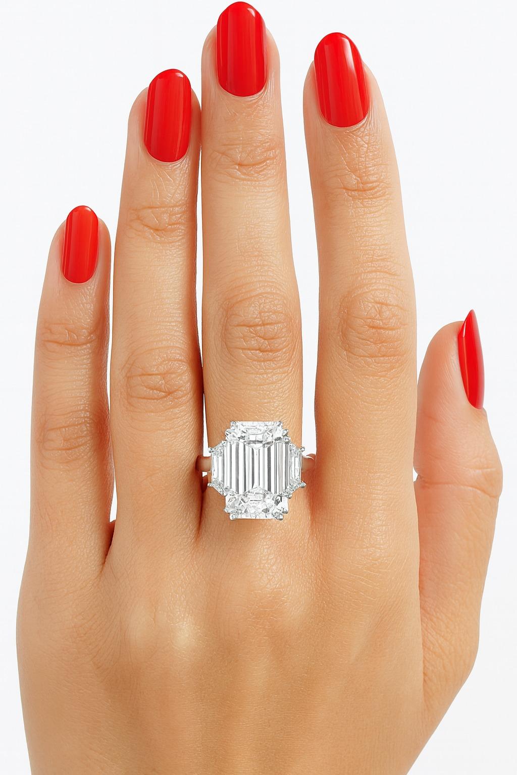 GIA Certified 5.02 Carat G VS2 Emerald Cut Diamond Platinum Ring with Trapezoid In New Condition For Sale In Chicago, IL