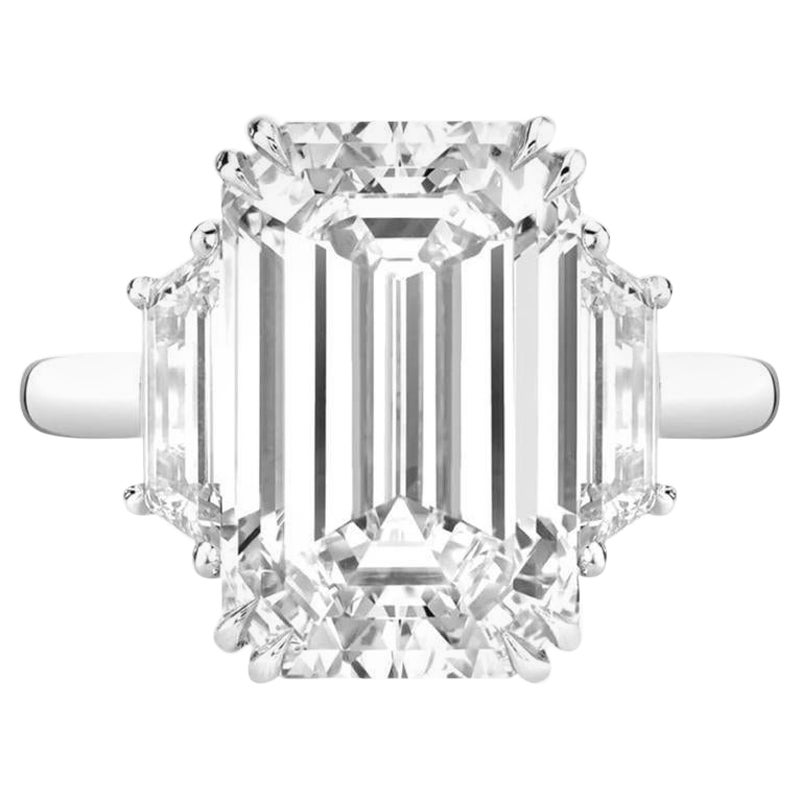 GIA Certified 5.02 Carat G VS2 Emerald Cut Diamond Platinum Ring with Trapezoid For Sale