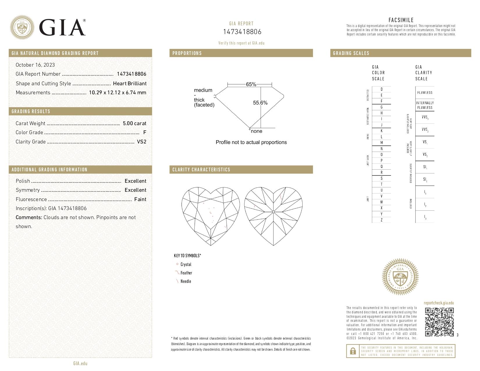 Bague solitaire en or blanc 18 carats avec diamant en forme de cœur de 5,00 carats certifié GIA Unisexe en vente