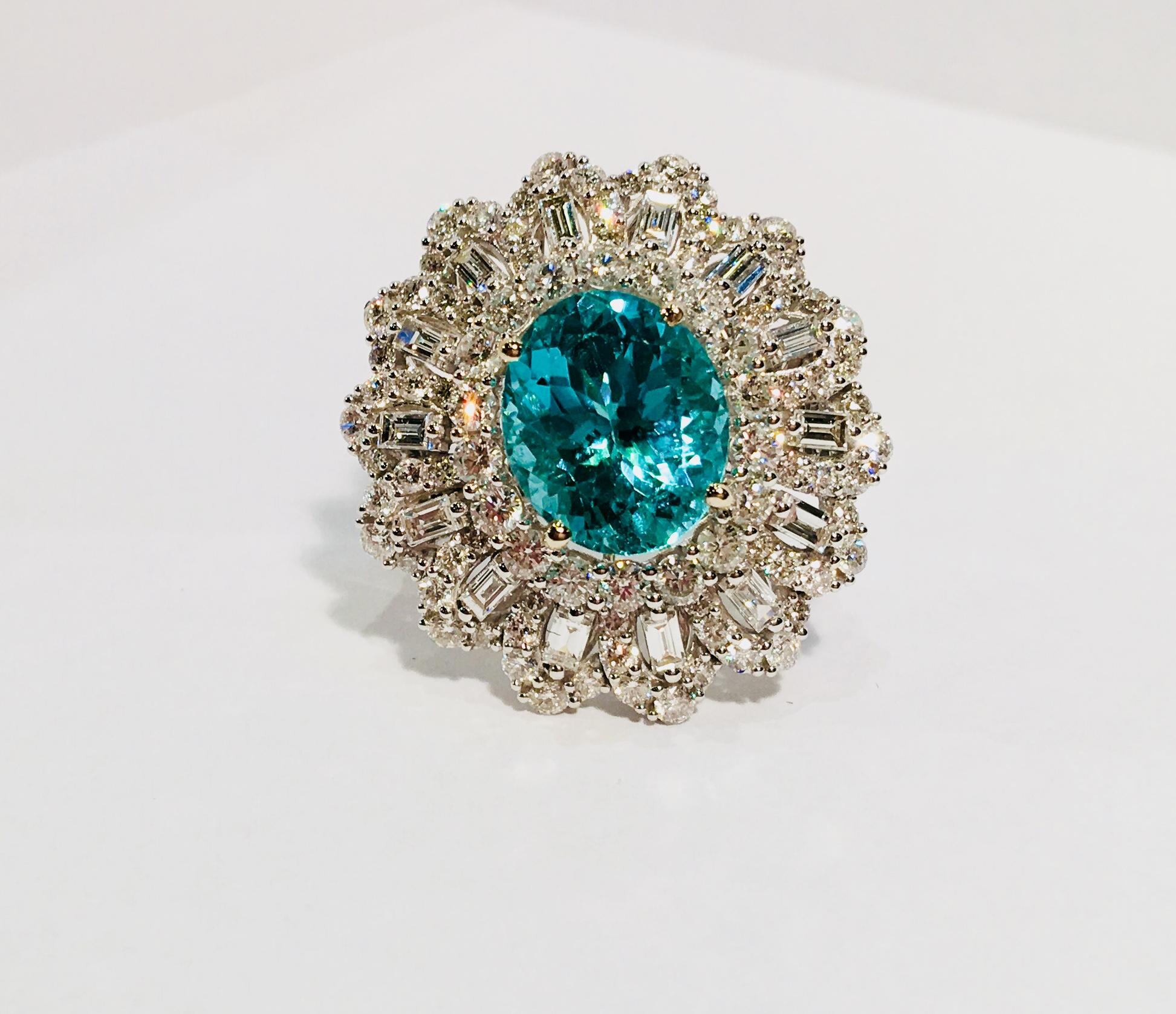 Captivating, transparent greenish blue modified brilliant oval cut Paraiba tourmaline has been certified by GIA, report number 1192430663. The stone measures 11.89 mm x 10.30 mm, with an estimated depth of 6.67 mm. Paraiba weighs 5.02 carats. The