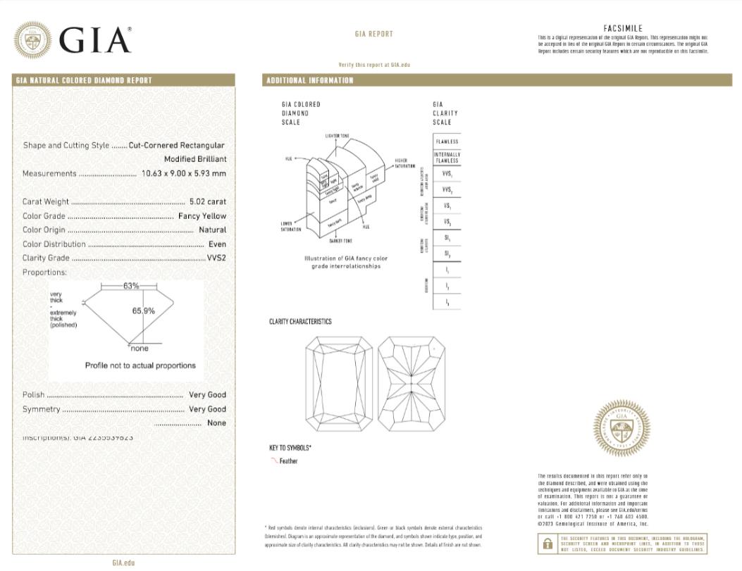 Taille radiant Bague en diamant jaune certifié GIA de 5.02 carats à taille rayonnante en vente