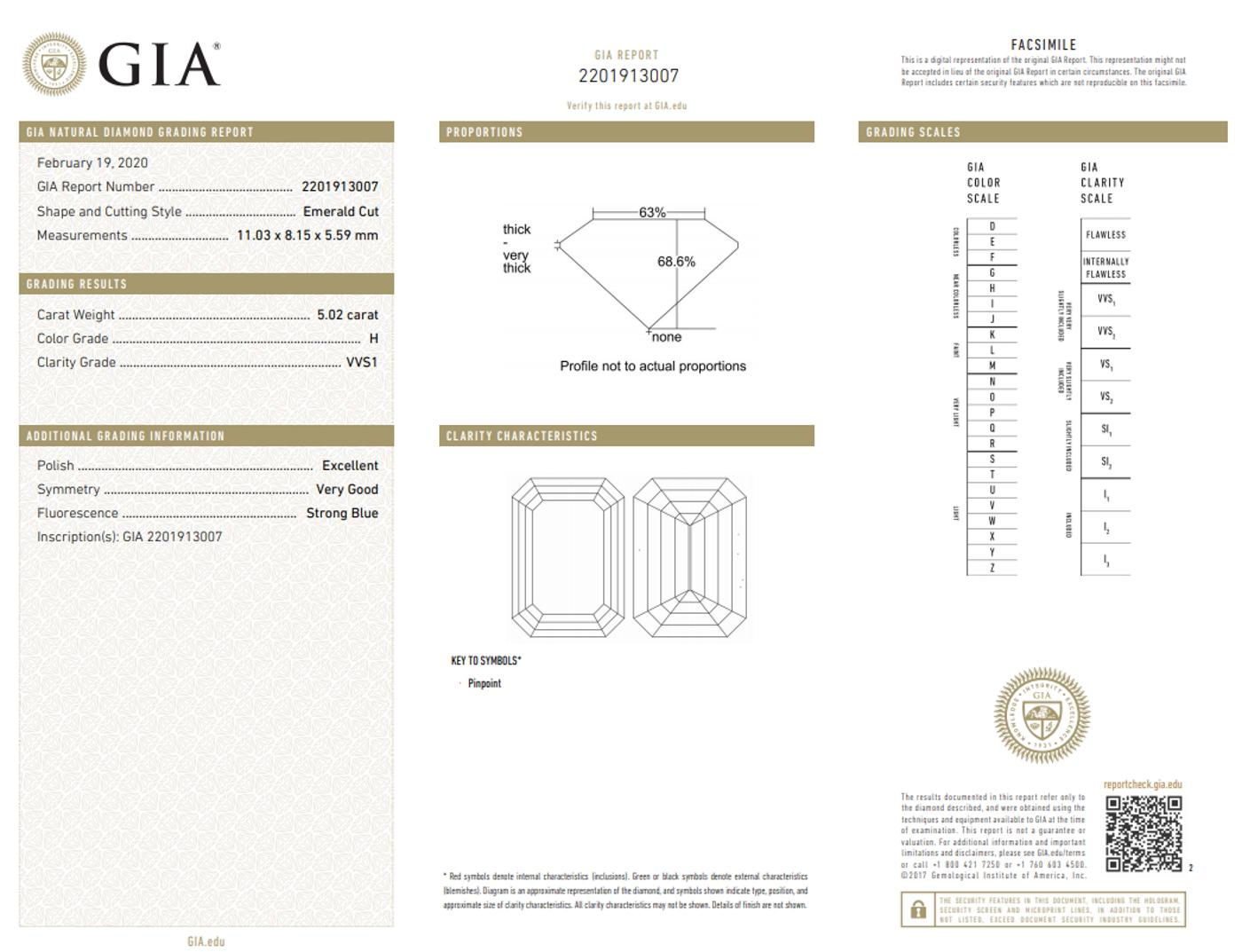 This elegant, high quality, and quite substantial 5.02 carat emerald cut diamond has excellent VVS1 clarity, beautiful white color, and a bright, lively, sophisticated cut! Measuring 11.03 mm in length with a ratio 8.15 mm length to width, the