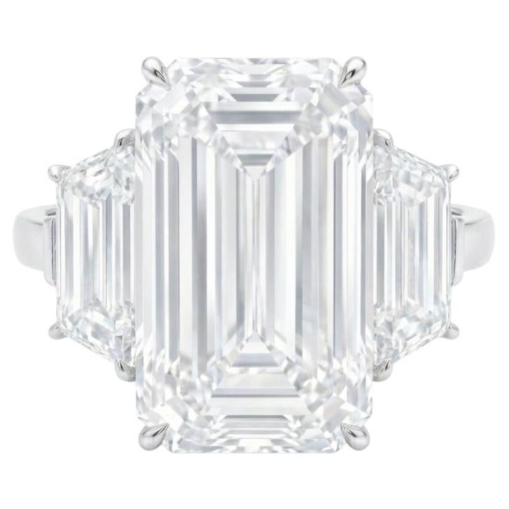 GIA Certified 5.03 Carat Emerald Cut Diamond Platinum Ring with Trapezoids For Sale