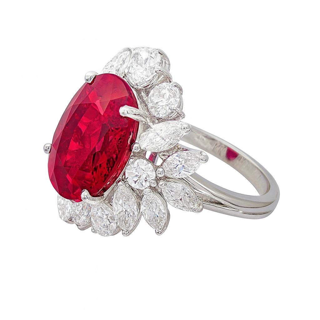 GIA-zertifiziert 5,03 Karat lebendige rote natürliche Rubin und Diamant-Ring

Dieser außergewöhnliche Ring aus 18-karätigem Weißgold ist mit einem seltenen, von der GRS zertifizierten 5,03-karätigen natürlichen, lebhaft roten Rubin aus Mosambik