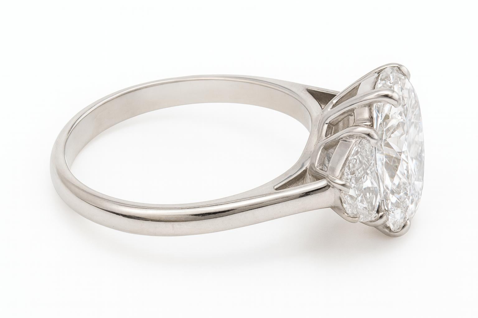 GIA Certified 5 Ct Oval Cut Diamond with Half Moon Diamonds in 18K White Gold In New Condition For Sale In Chicago, IL
