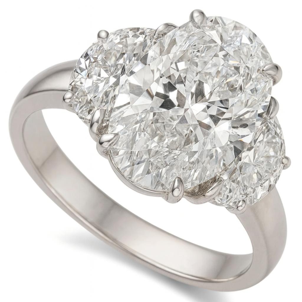Women's GIA Certified 5 Ct Oval Cut Diamond with Half Moon Diamonds in 18K White Gold For Sale