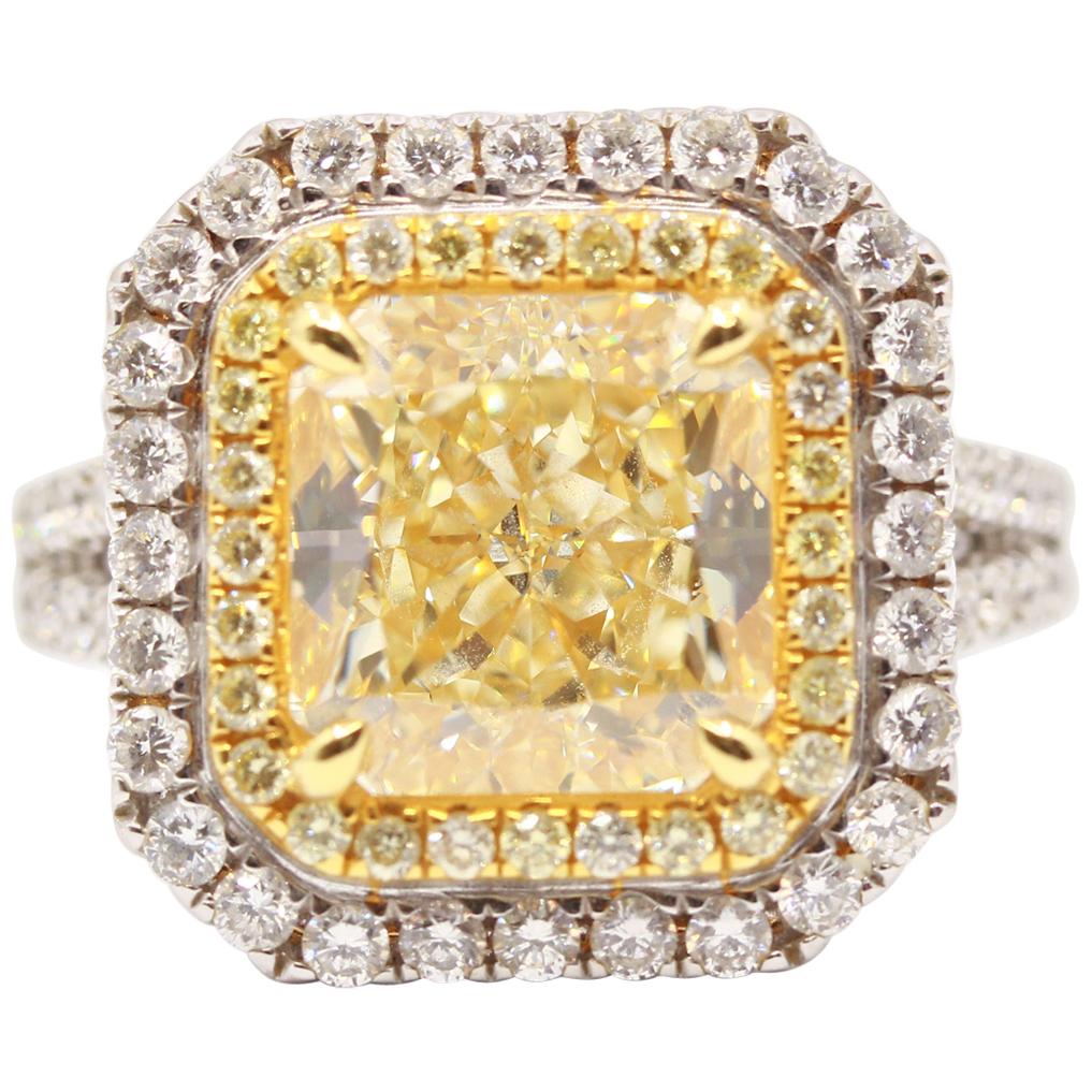 GIA Certified 5.04 Carat Yellow Radiant Cut Diamond Double Halo 18K Gold Ring