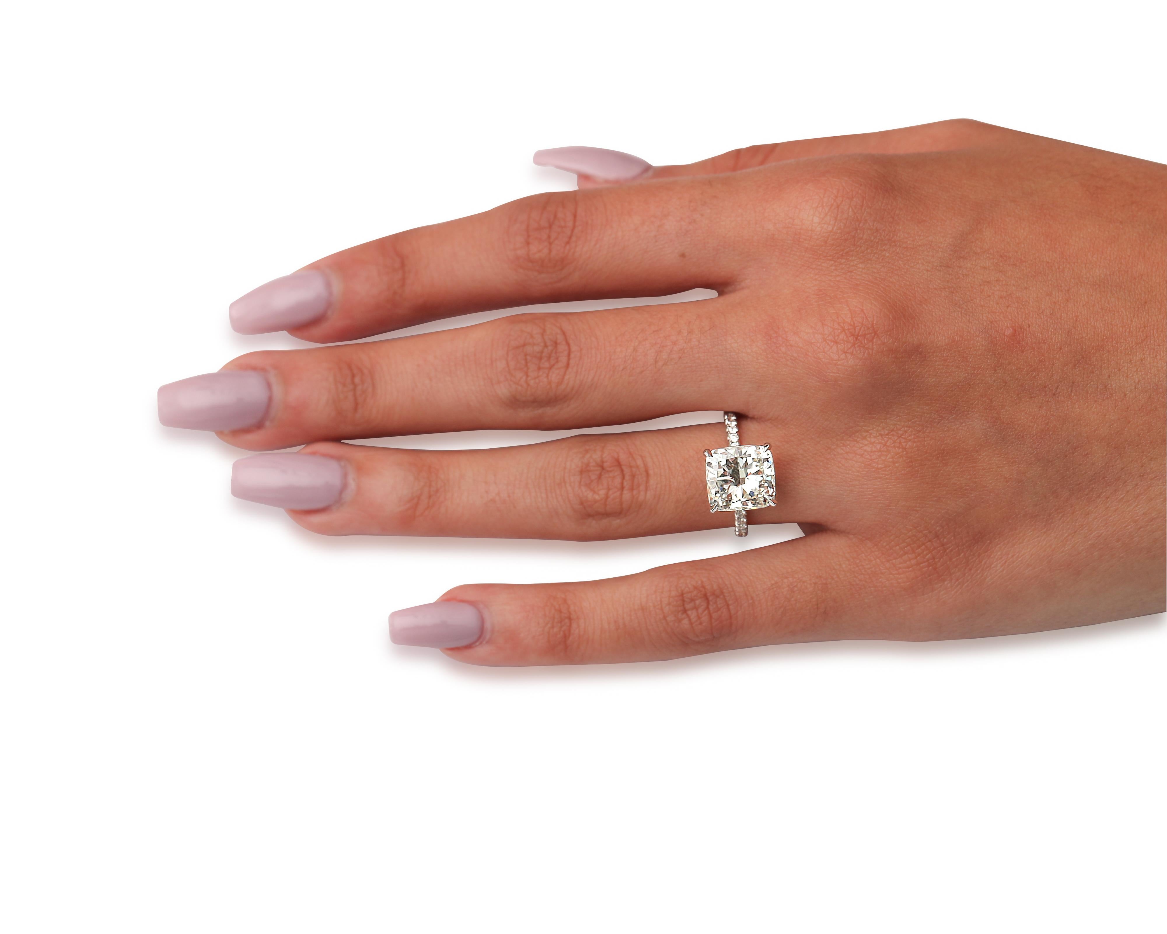GIA Certified 5.05 Cushion JSI2 Platinum Diamond Ring In New Condition For Sale In Atlanta, GA