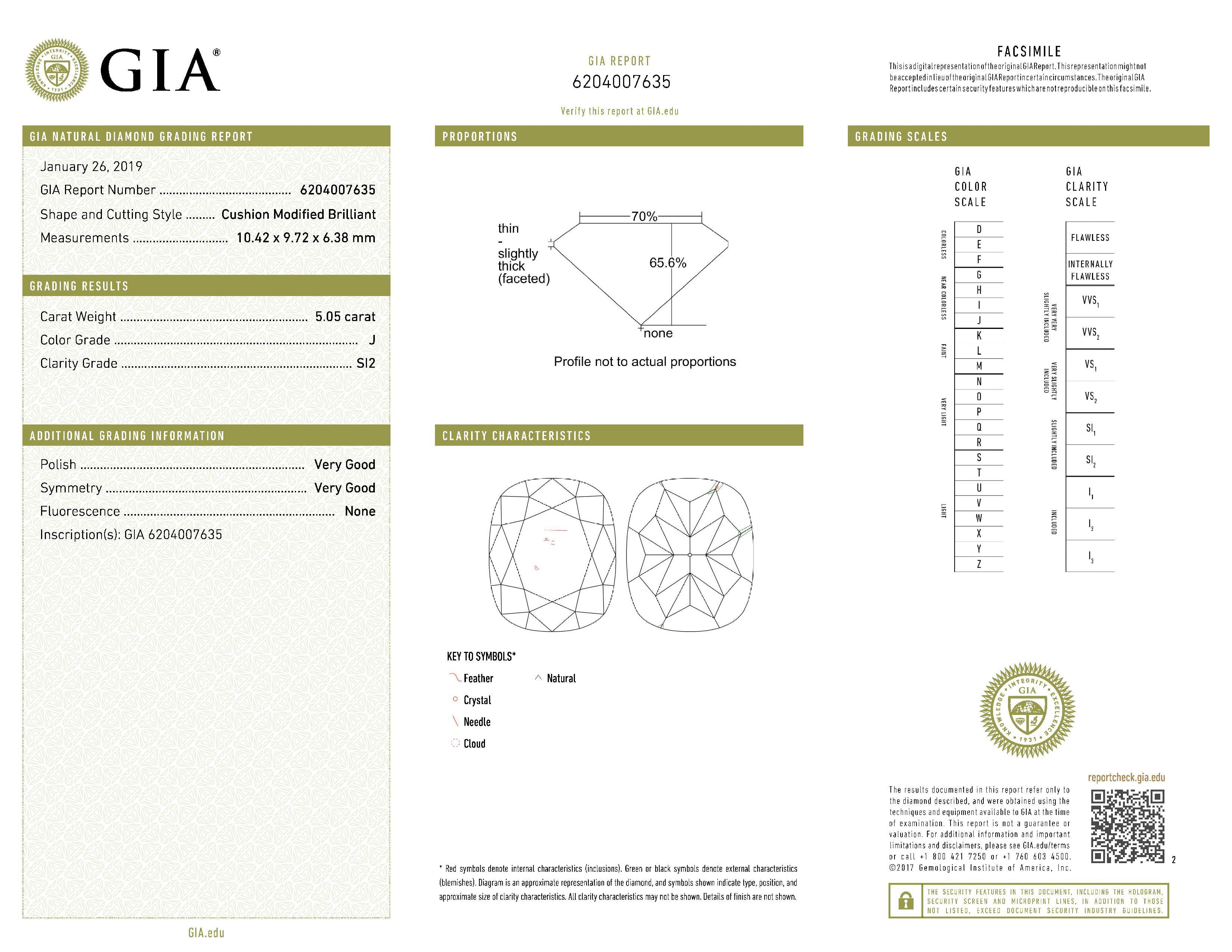 GIA Certified 5.05 Cushion JSI2 Platinum Diamond Ring For Sale 1