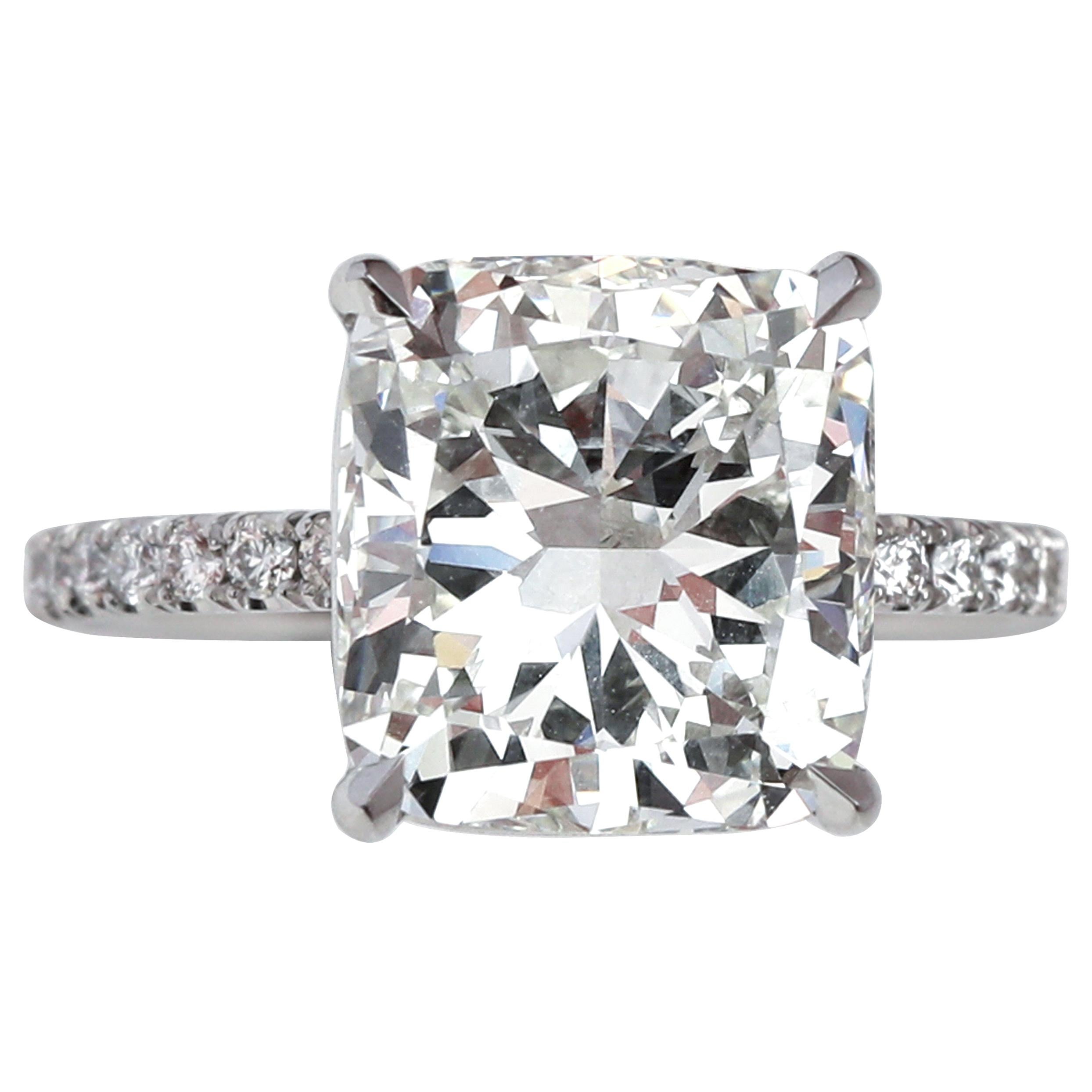 GIA Certified 5.05 Cushion JSI2 Platinum Diamond Ring For Sale