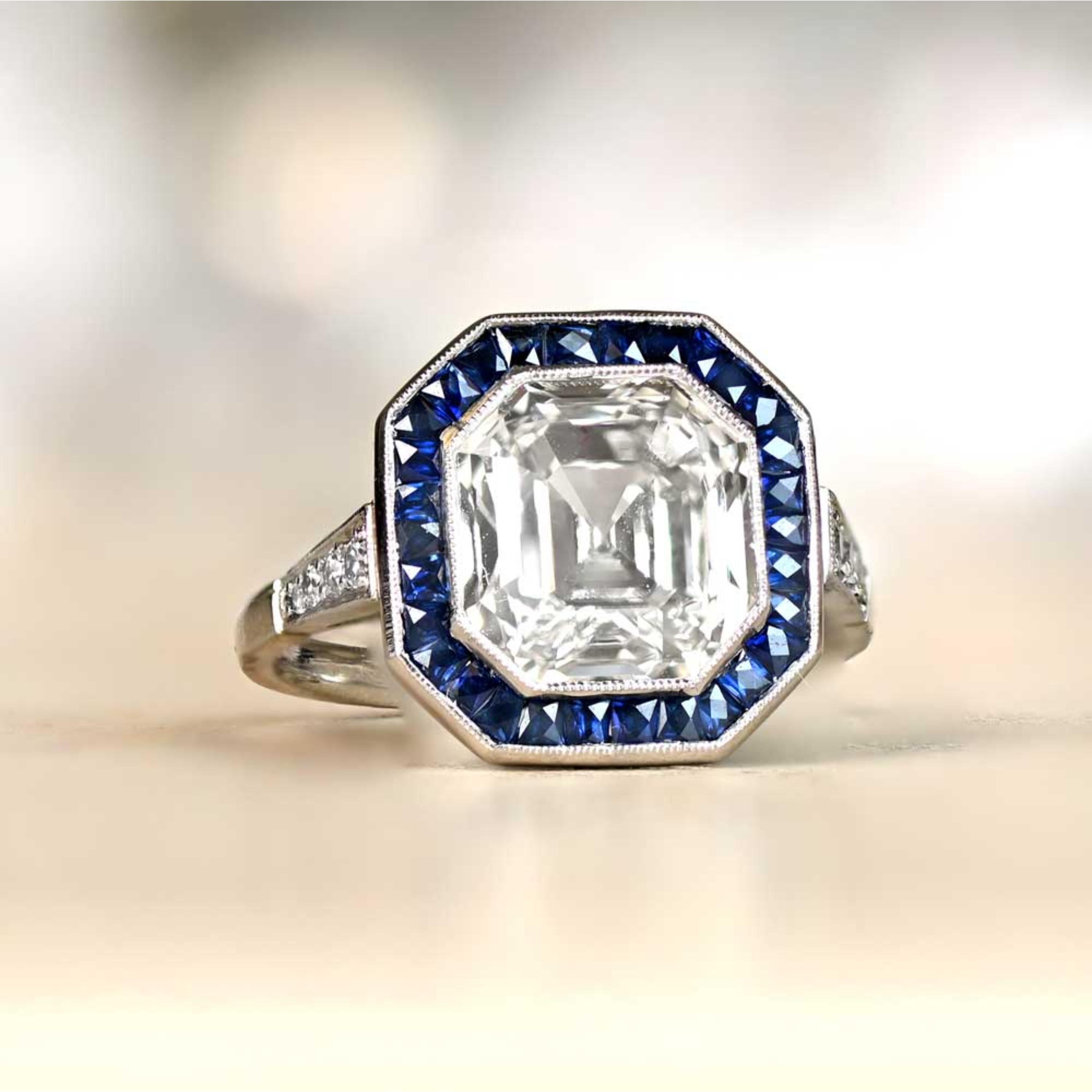 Art Deco GIA Certified Giant 5.06 Carat Asscher Cut Halo Diamond Sapphire Engagement Ring For Sale