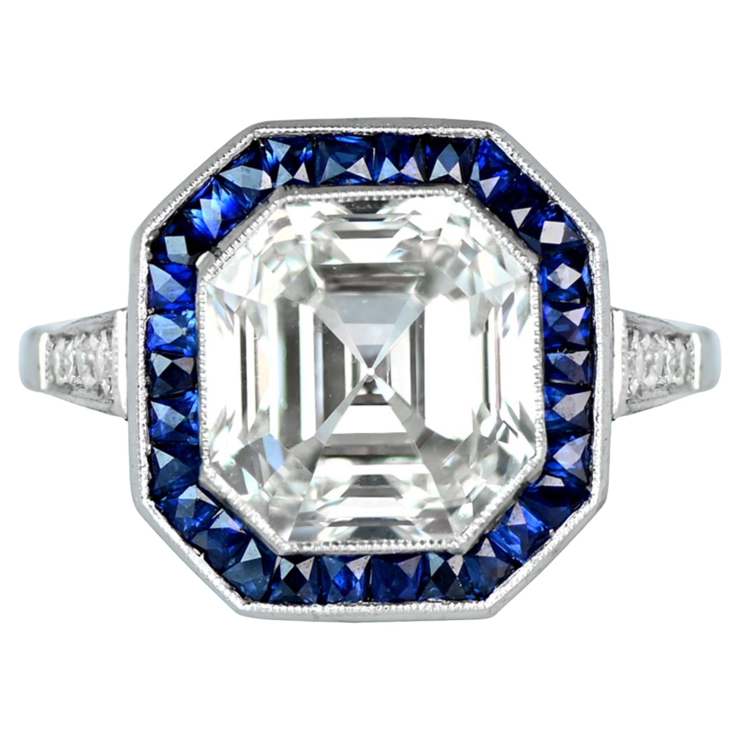GIA Certified Giant 5.06 Carat Asscher Cut Halo Diamond Sapphire Engagement Ring For Sale
