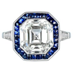 GIA Certified Giant 5.06 Carat Asscher Cut Halo Diamond Sapphire Engagement Ring