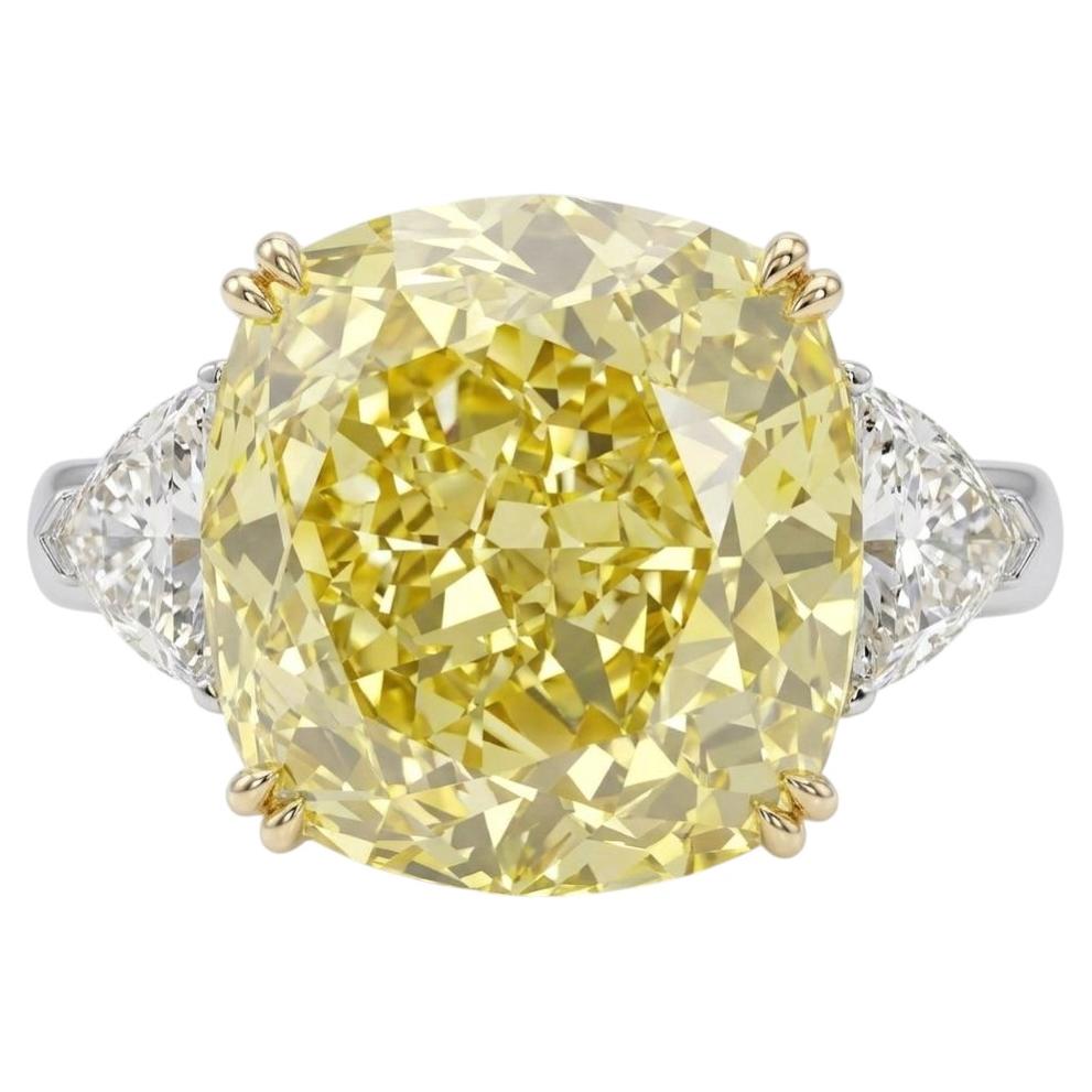 GIA Certified 5.06 Carat Fancy Yellow Cushion Cut Diamond Ring with Trillion