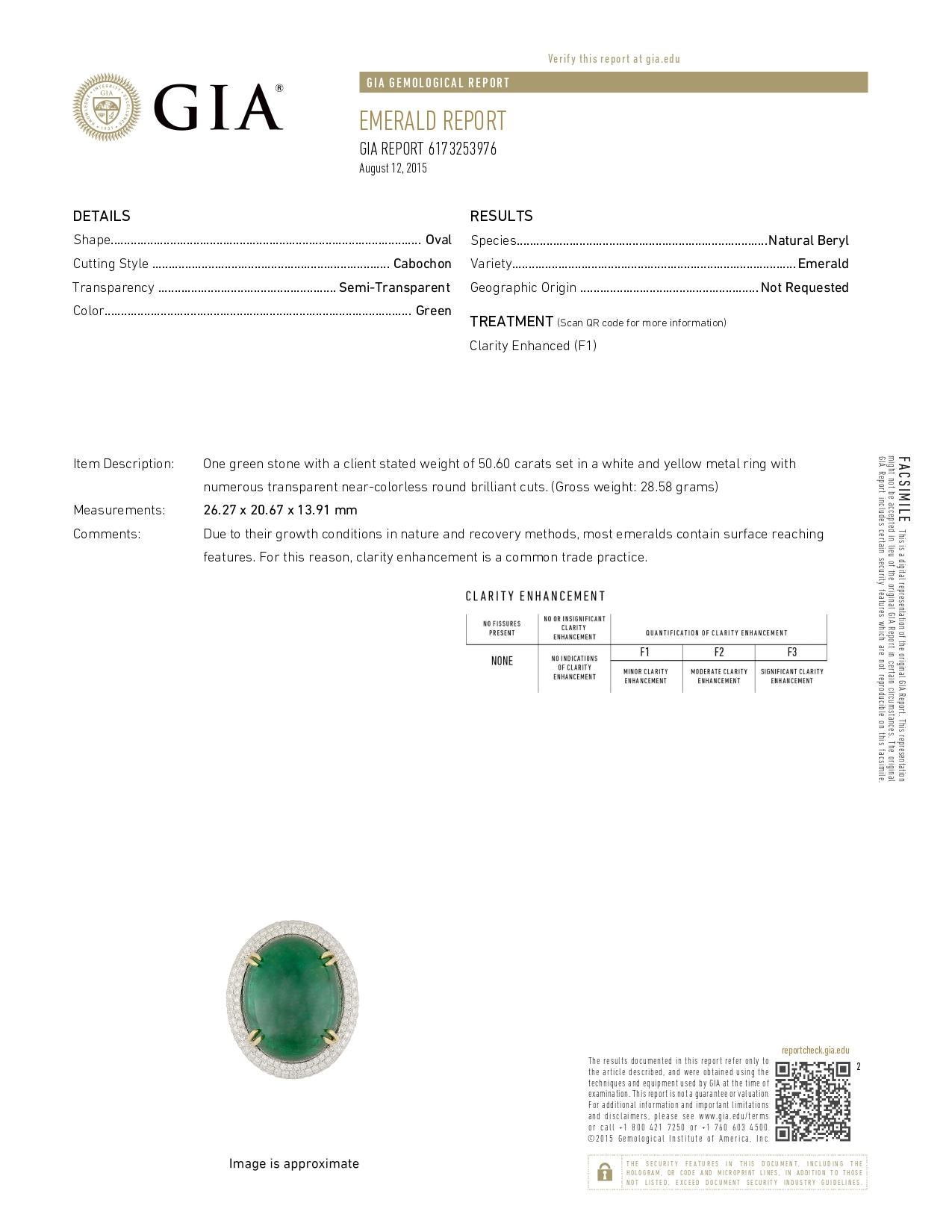 GIA-zertifizierter 50.6 Karat ovaler Smaragd-Cabochon-Diamant-Cocktailring mit Cabochon im Zustand „Gut“ im Angebot in New York, NY