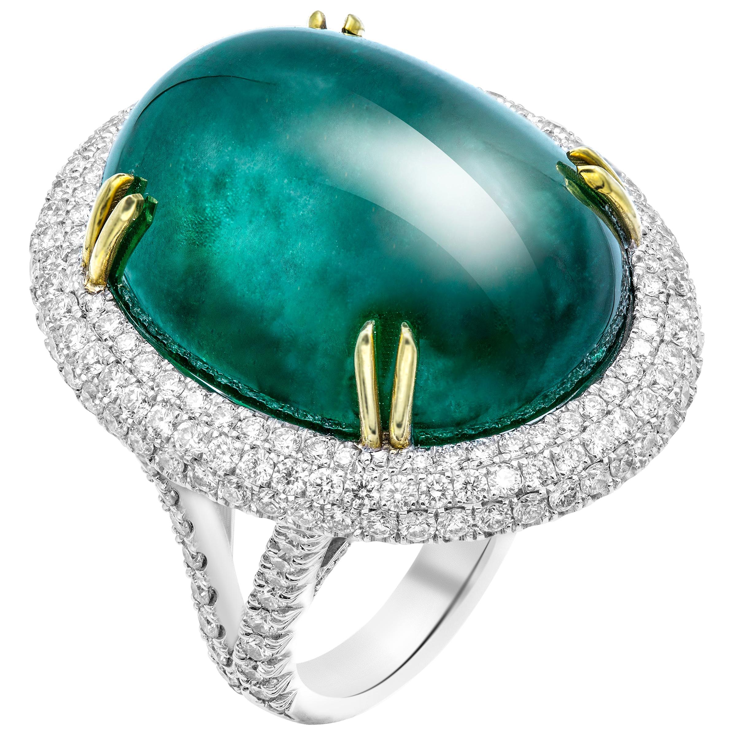 GIA Certified 50.6 Carat Oval Emerald Cabochon Diamond Cocktail Ring For Sale