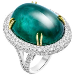 GIA Certified 50.6 Carat Oval Emerald Cabochon Diamond Cocktail Ring