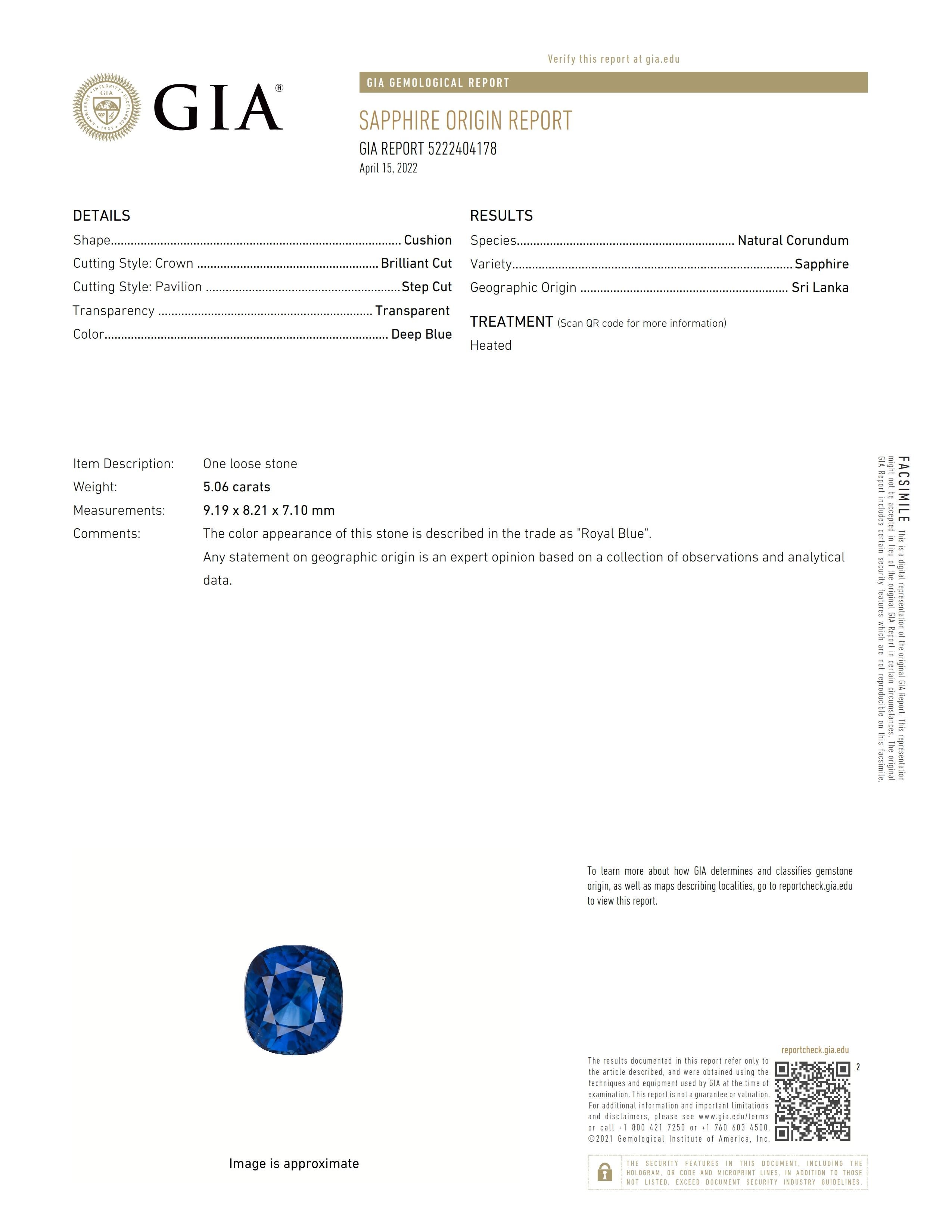 GIA Certified 5.06ct Cushion Shape 
Sapphire 9.19x8.21x7.10mm GIA #5222404178
