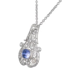GIA Certified 5.07 Blue Sapphire Diamond Platinum Art Deco Pendant Necklace