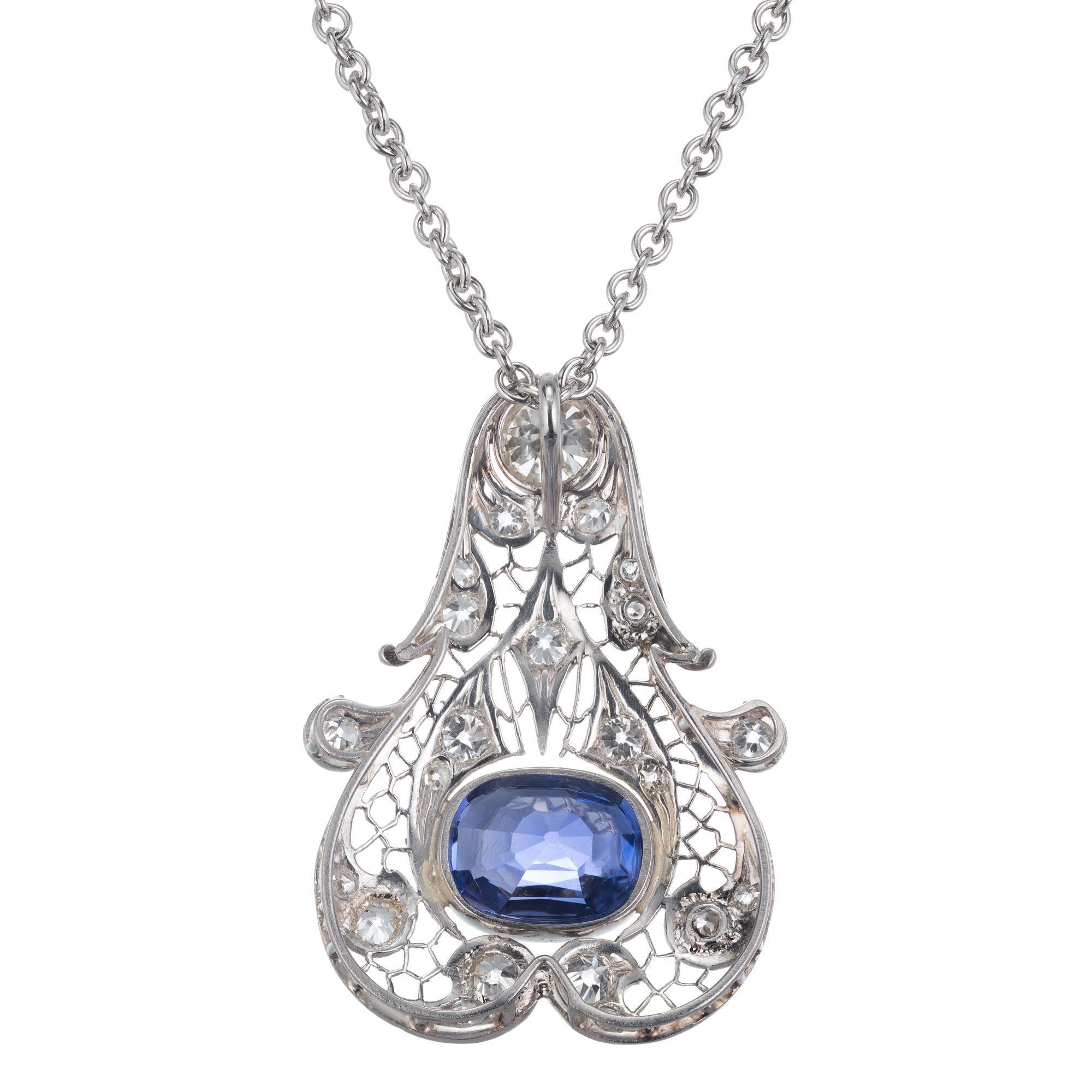 GIA zertifiziert 5,07 Blauer Saphir Diamant Platin Art Deco Anhänger Halskette (Kissenschliff) im Angebot