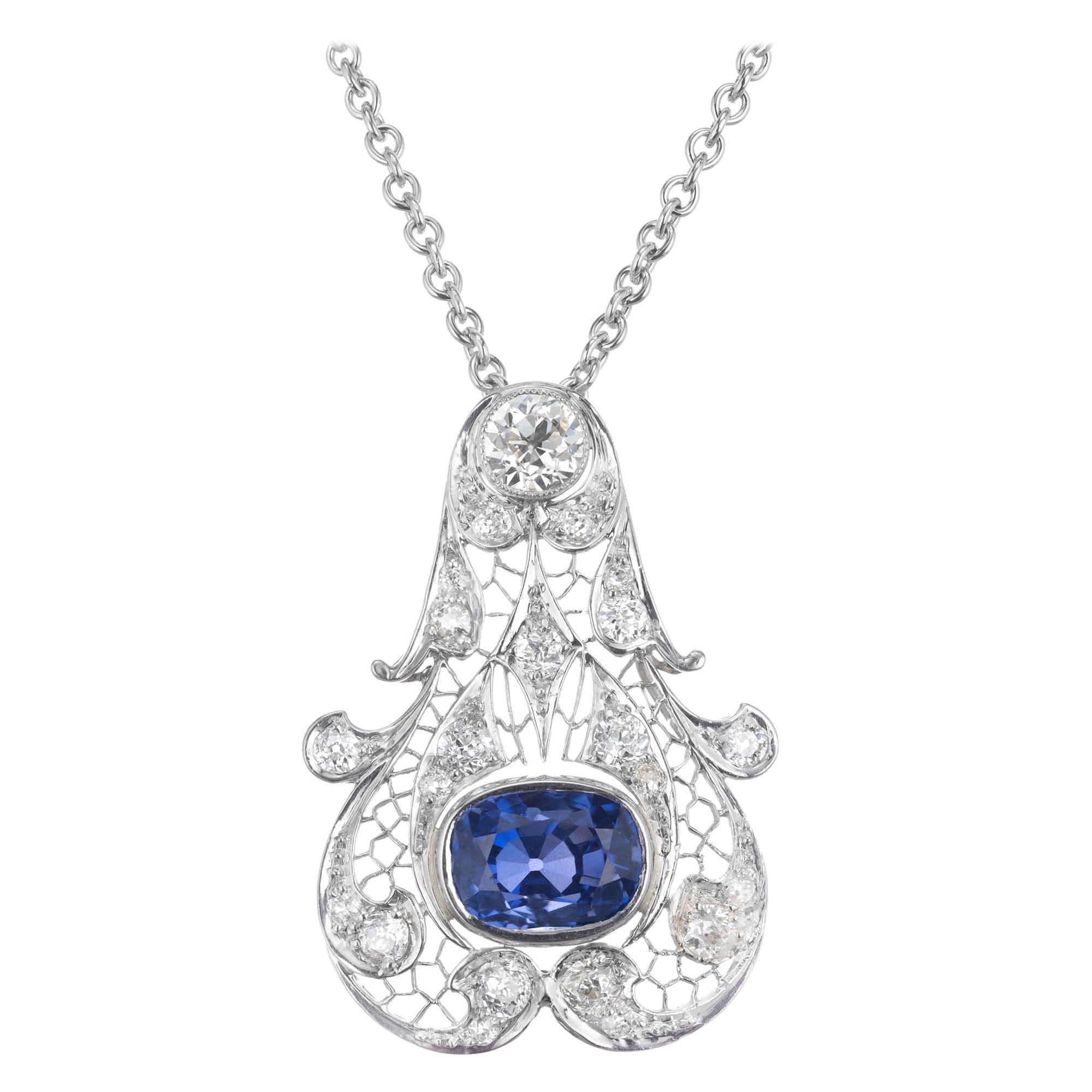 Collier pendentif Art déco en platine avec saphir bleu 5,07 carats et diamants certifiés GIA