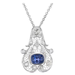 GIA Certified 5.07 Blue Sapphire Diamond Platinum Art Deco Pendant Necklace