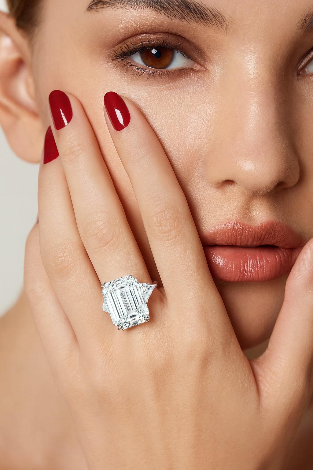 Emerald Cut GIA Certified 5.07 Carat F VVS1 Trillion Side Platinum Diamond Ring For Sale
