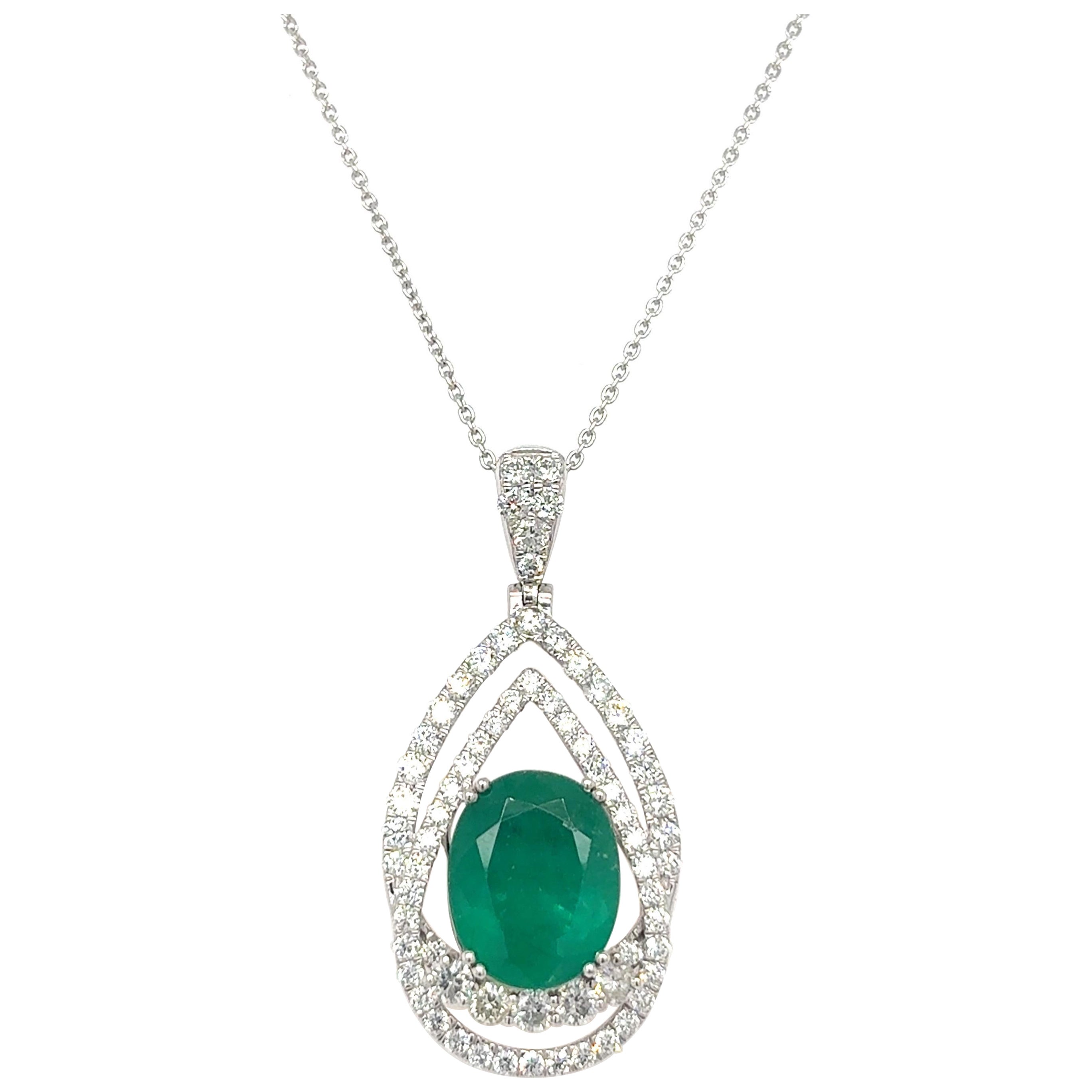 GIA Certified 5.07 Carat Oval Cut Emerald Diamond Pendant Necklace