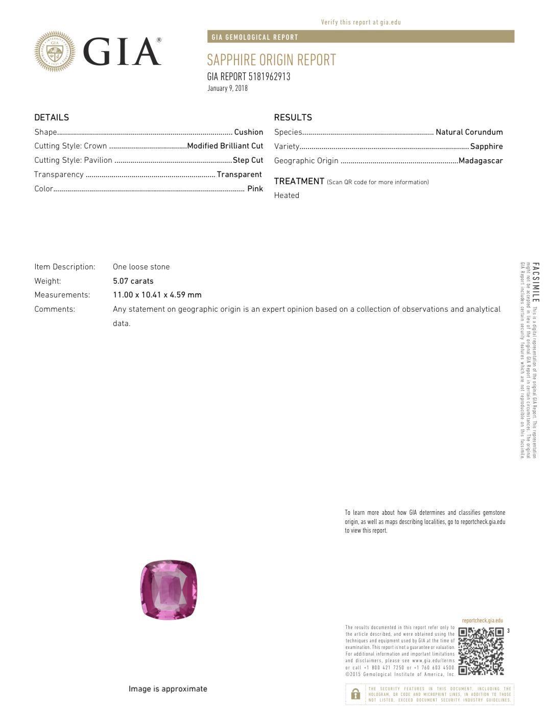 Cushion Cut GIA Certified 5.07 Carat Pink Sapphire and 0.84 Carat Half Moon Diamond Ring