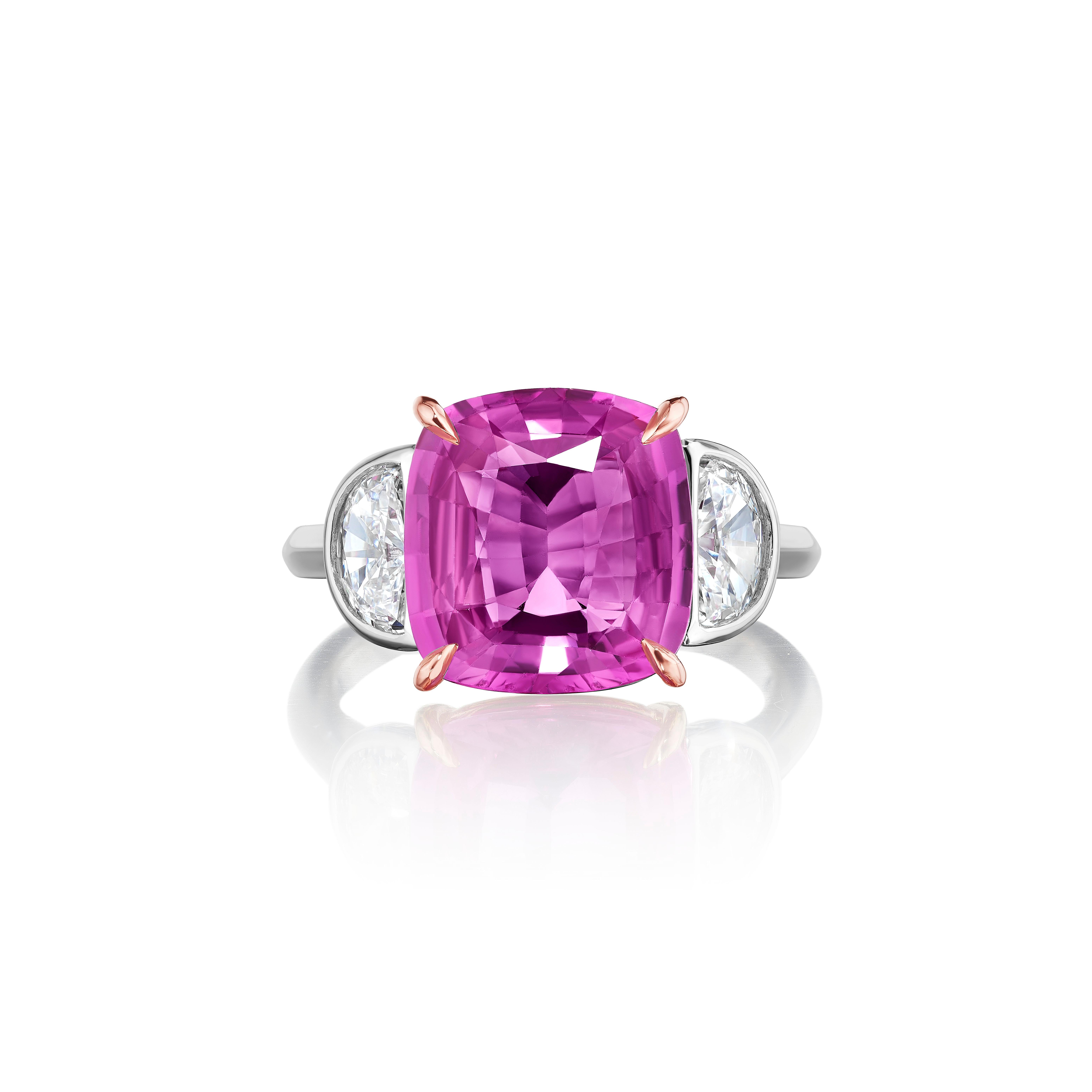 GIA Certified 5.07 Carat Pink Sapphire and 0.84 Carat Half Moon Diamond Ring In New Condition In New York, NY