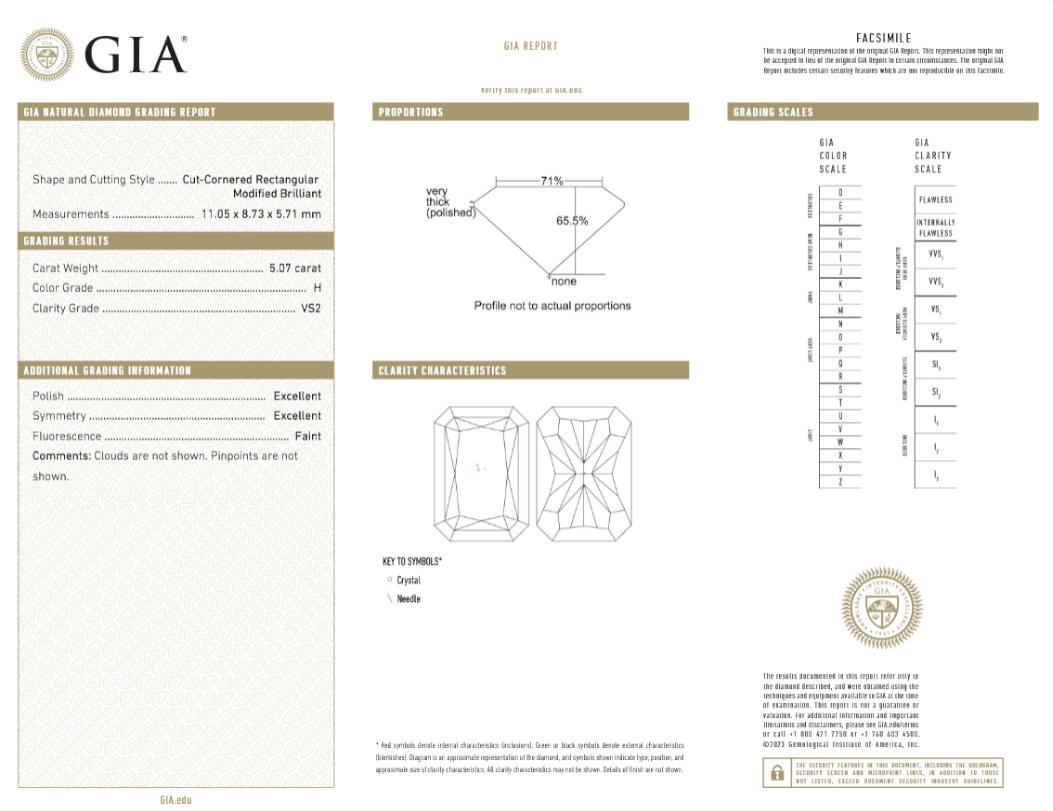 Bague de fiançailles en platine avec diamant de taille radiant de 5.07 carat certifiée par le GIA Neuf - En vente à Chicago, IL