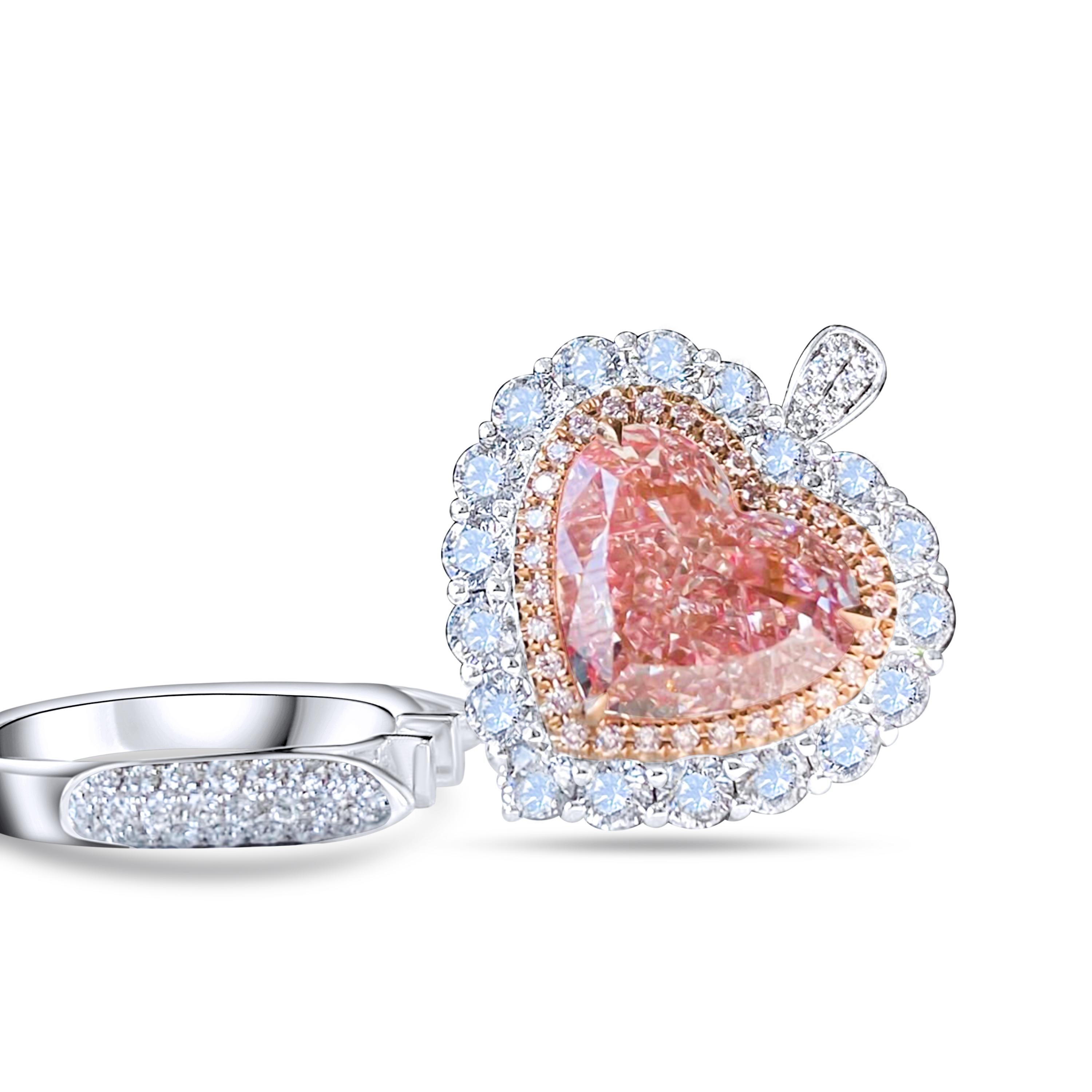 Art Nouveau GIA Certified 5.07ctw Heart Cut Pink Cocktail Halo Pendant Ring For Sale