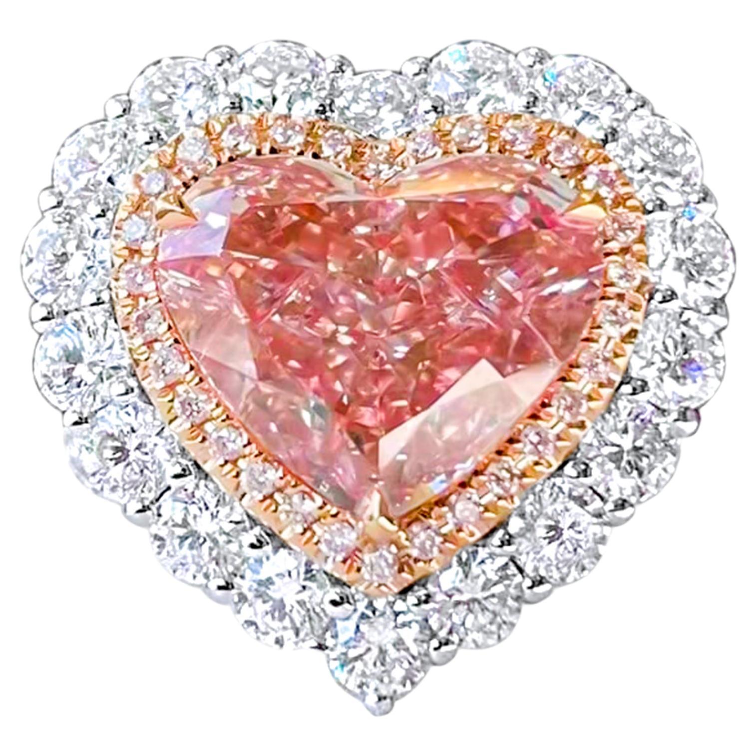 GIA Certified 5.07ctw Heart Cut Pink Cocktail Halo Pendant Ring For Sale