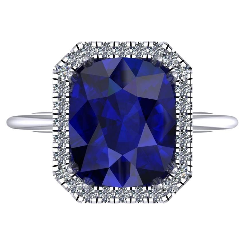 GIA Certified 5.08 Carat Cushion Blue Sapphire Diamond Halo Platinum Ring For Sale