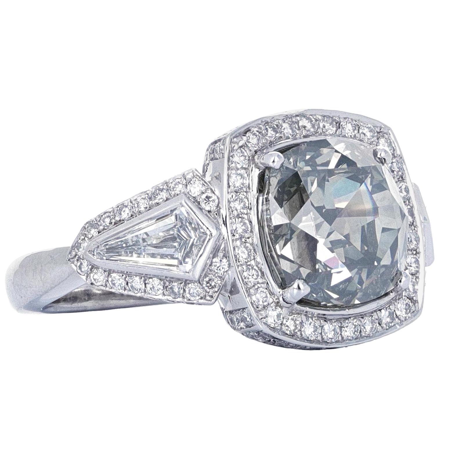 GIA Certified 5.08 Carat Fancy Gray Diamond Three-Stone Ring