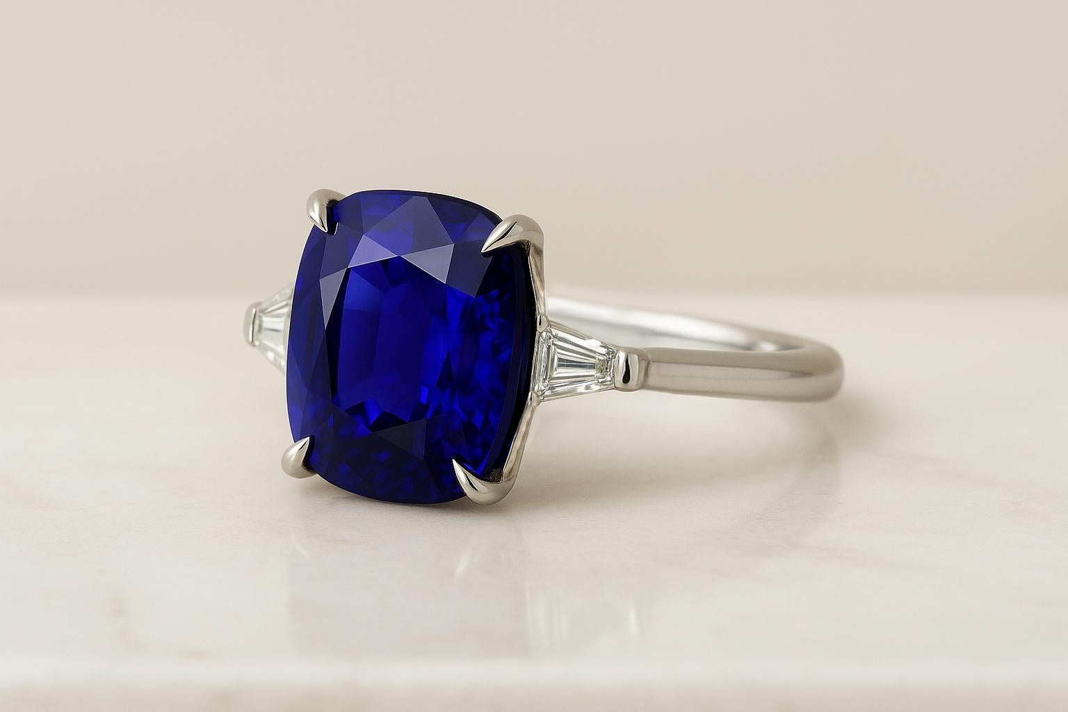 This refined cocktail ring showcases a magnificent 5.09 carat natural sapphire, certified by GIA, originating from Sri Lanka. The sapphire displays a rich, velvety royal blue hue with excellent transparency, cut in an elongated cushion shape that