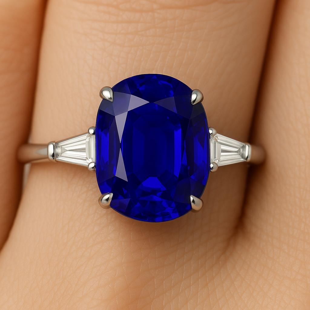 Cushion Cut GIA Certified 5.09 Carat Blue Sapphire and Tapered Baguette Diamond Ring For Sale