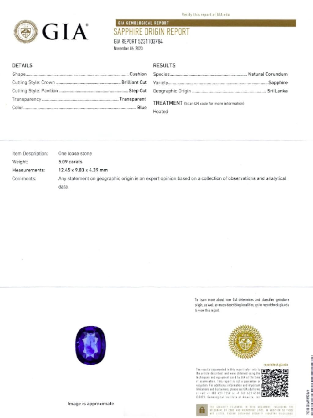 GIA Certified 5.09 Carat Blue Sapphire and Tapered Baguette Diamond Ring In New Condition For Sale In Chicago, IL