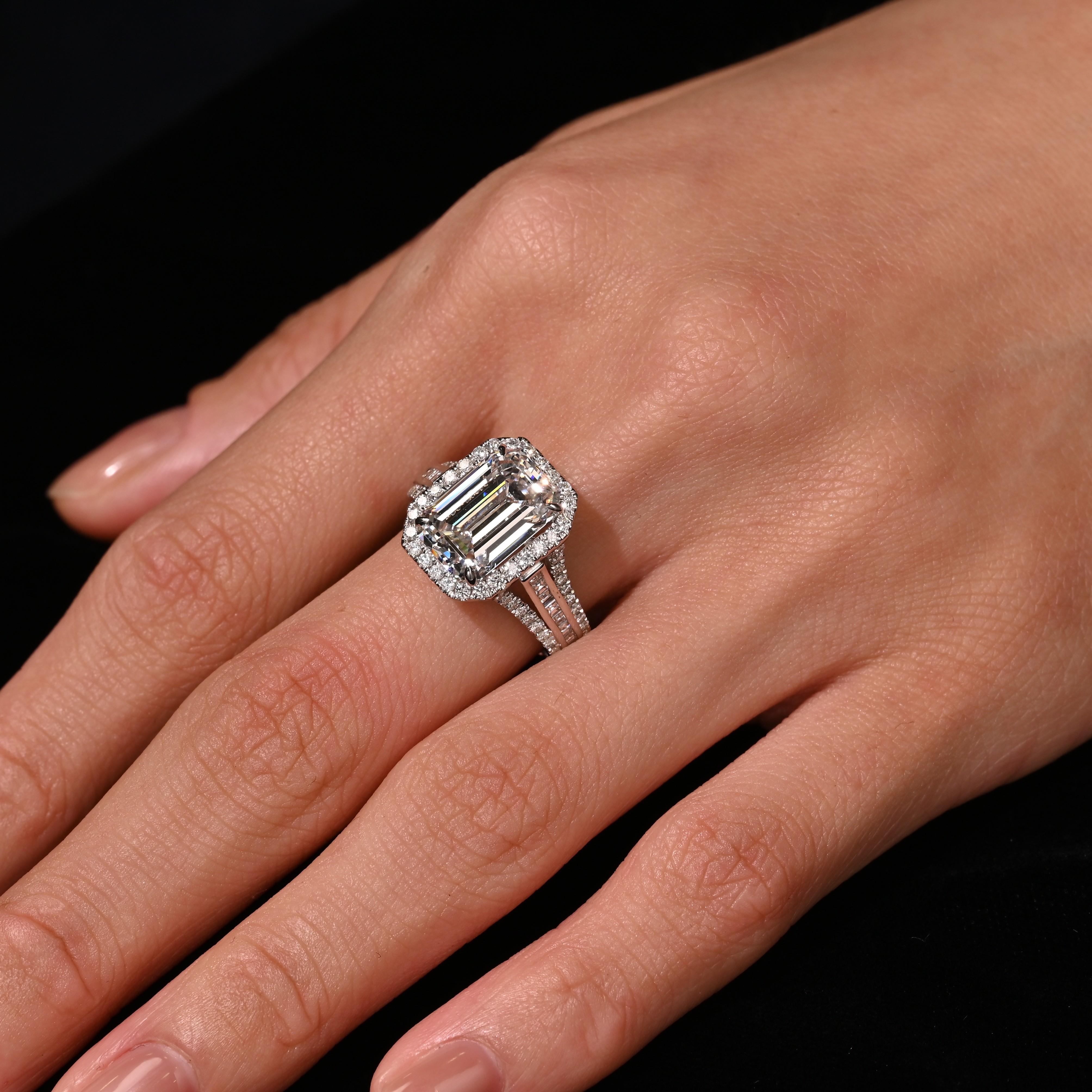 GIA Certified 5.09 Carat D Color VVS2 Clarity Emerald Cut Diamond 18K Ring In New Condition For Sale In Miami, FL