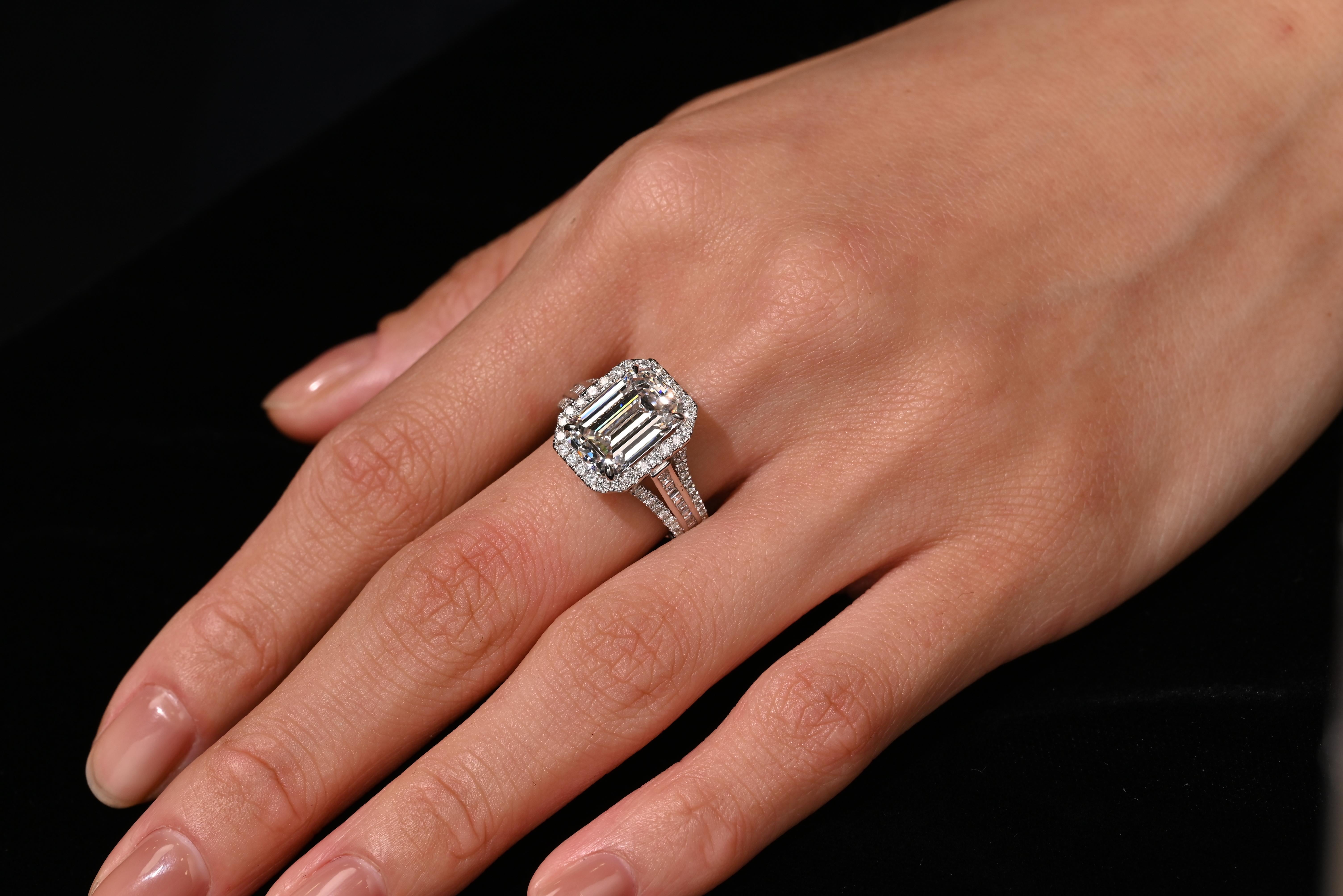 Women's GIA Certified 5.09 Carat D Color VVS2 Clarity Emerald Cut Diamond 18K Ring For Sale