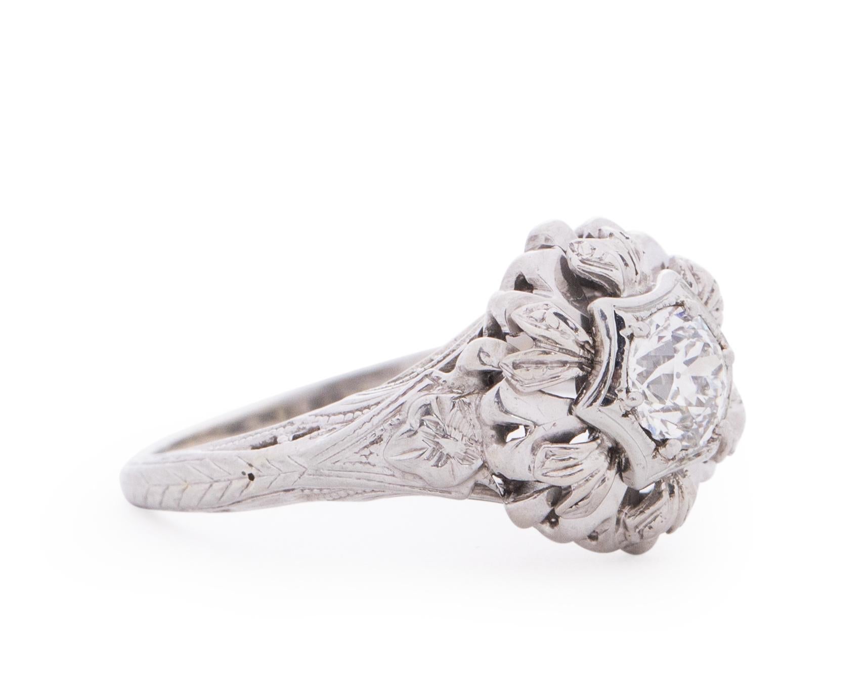 Item Details: 
Ring Size: 5.5
Metal Type: 18 Karat White Gold [Hallmarked, and Tested]
Weight: 3.9 grams

Center Diamond Details:
GIA REPORT#: 5211318630
Weight: .51 Carat
Cut: Old European Brilliant
Color: J
Clarity: SI1
Measurements: 4.92 x 5.10 x