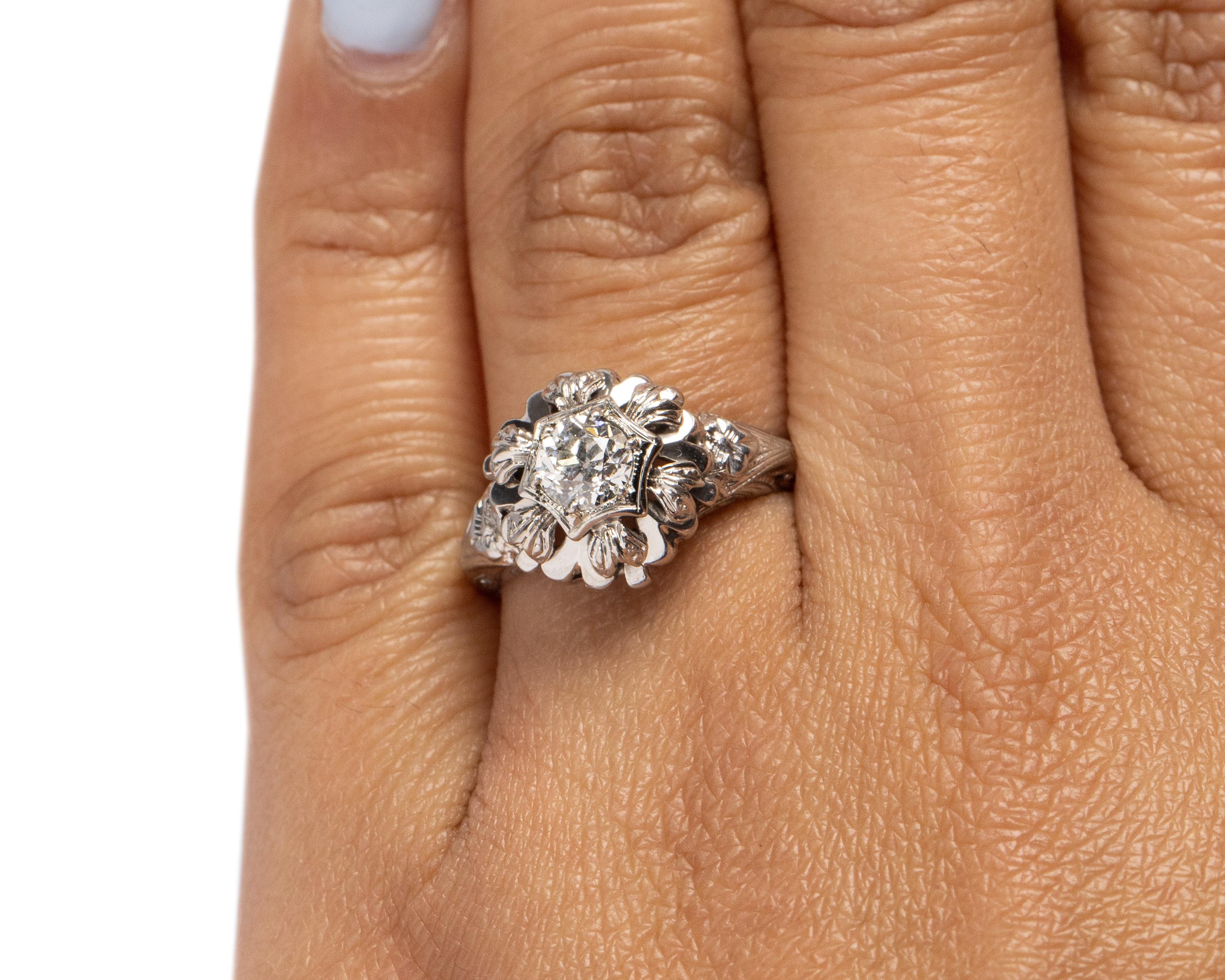 GIA Certified .51 Carat Art Deco 18 Karat White Gold Diamond Engagement Ring In Good Condition For Sale In Hicksville, NY