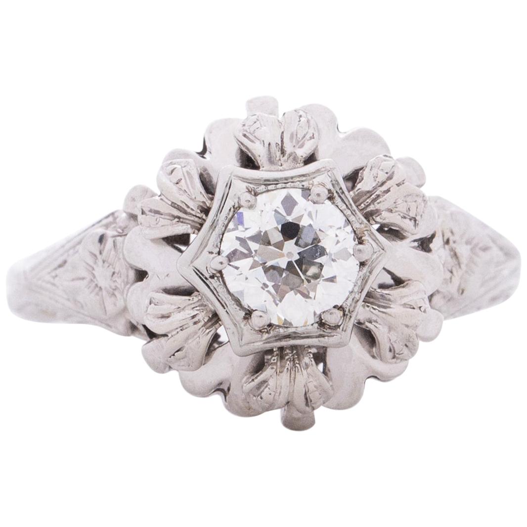 GIA Certified .51 Carat Art Deco 18 Karat White Gold Diamond Engagement Ring