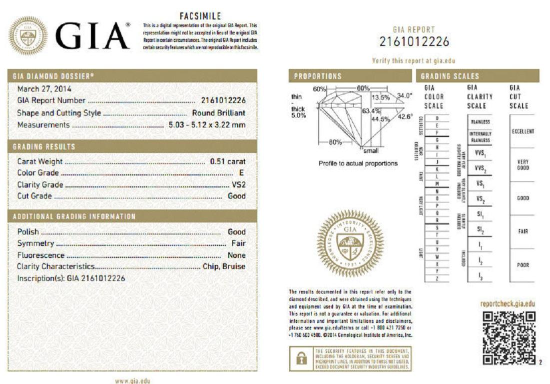  Solitaire Simplicity

GIA Certified Diamond engagement ring.

.51ct. Natural Round Cut diamond

GIA Certificate:  2161012226

E color Vs-2 clarity 

5.03 X 5.12 X 3.22mm

(Please see report copy attached)

Platinum 

Ring size: 6

We may resize.

6
