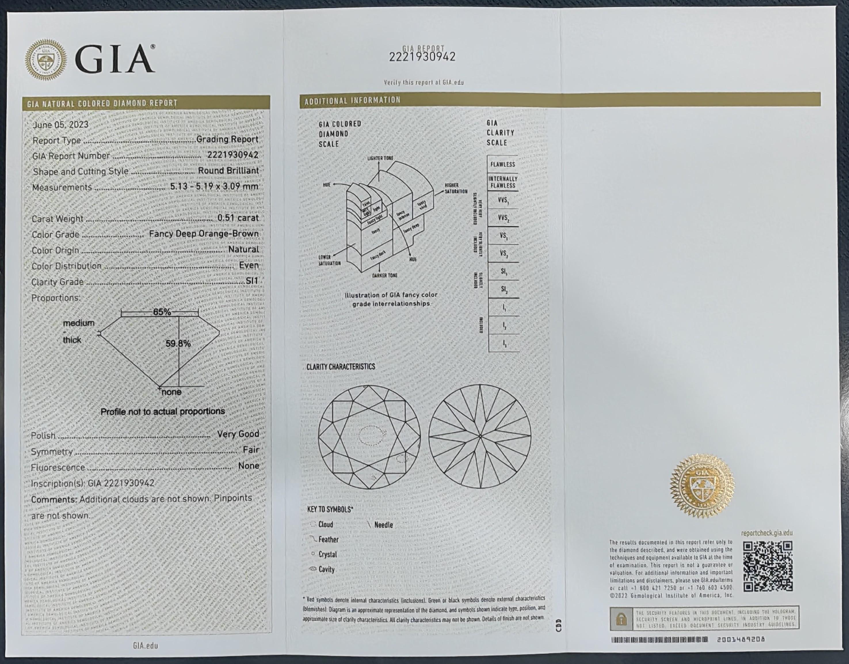 GIA Certified .51 Carat Fancy Deep Orange-Brown Diamond Ring in 18K White Gold For Sale 1