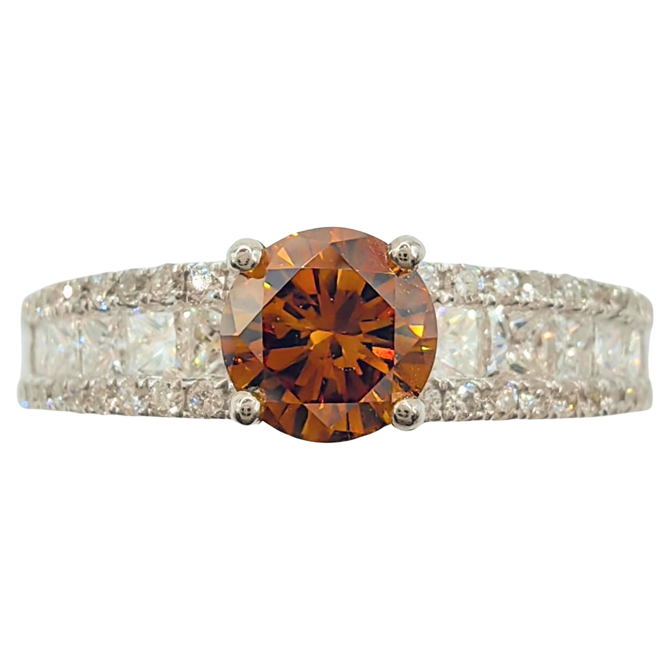 GIA Certified .51 Carat Fancy Deep Orange-Brown Diamond Ring in 18K White Gold For Sale