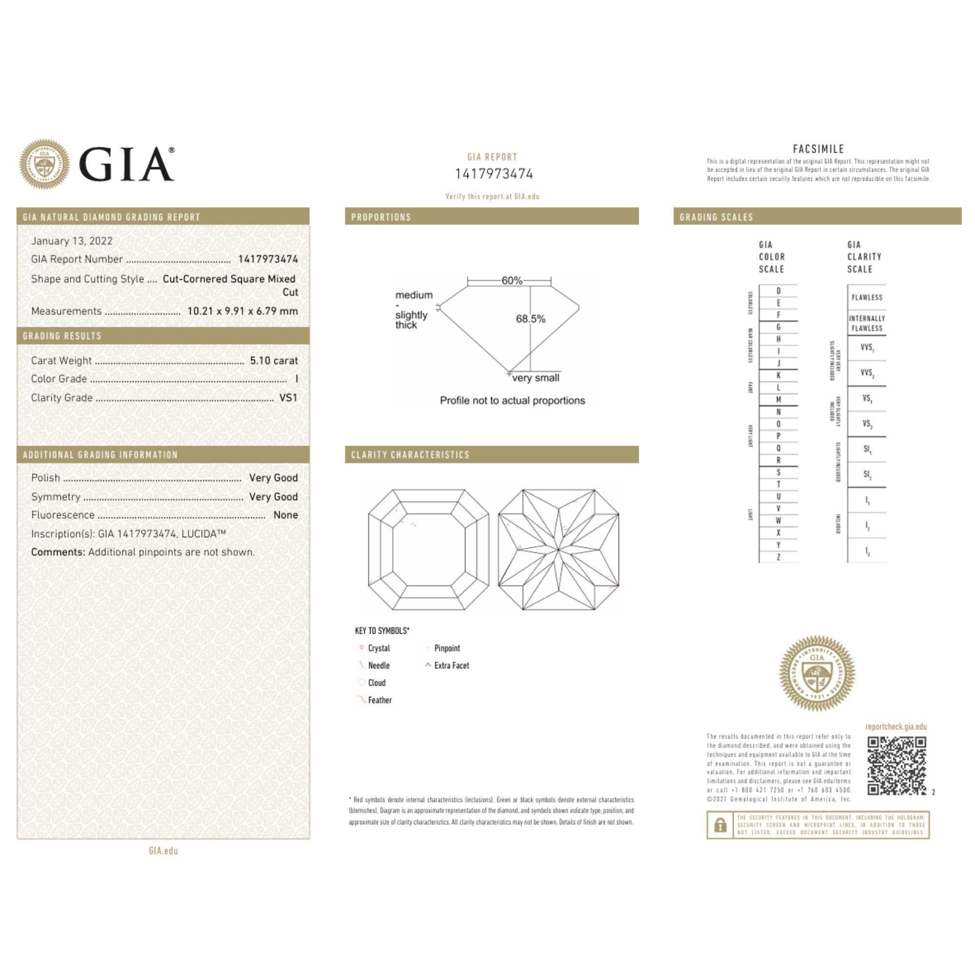 Women's GIA Certified 5.10 Carat Lucida Cut Tiffany & Co. I-VS1 Loose Diamond For Sale