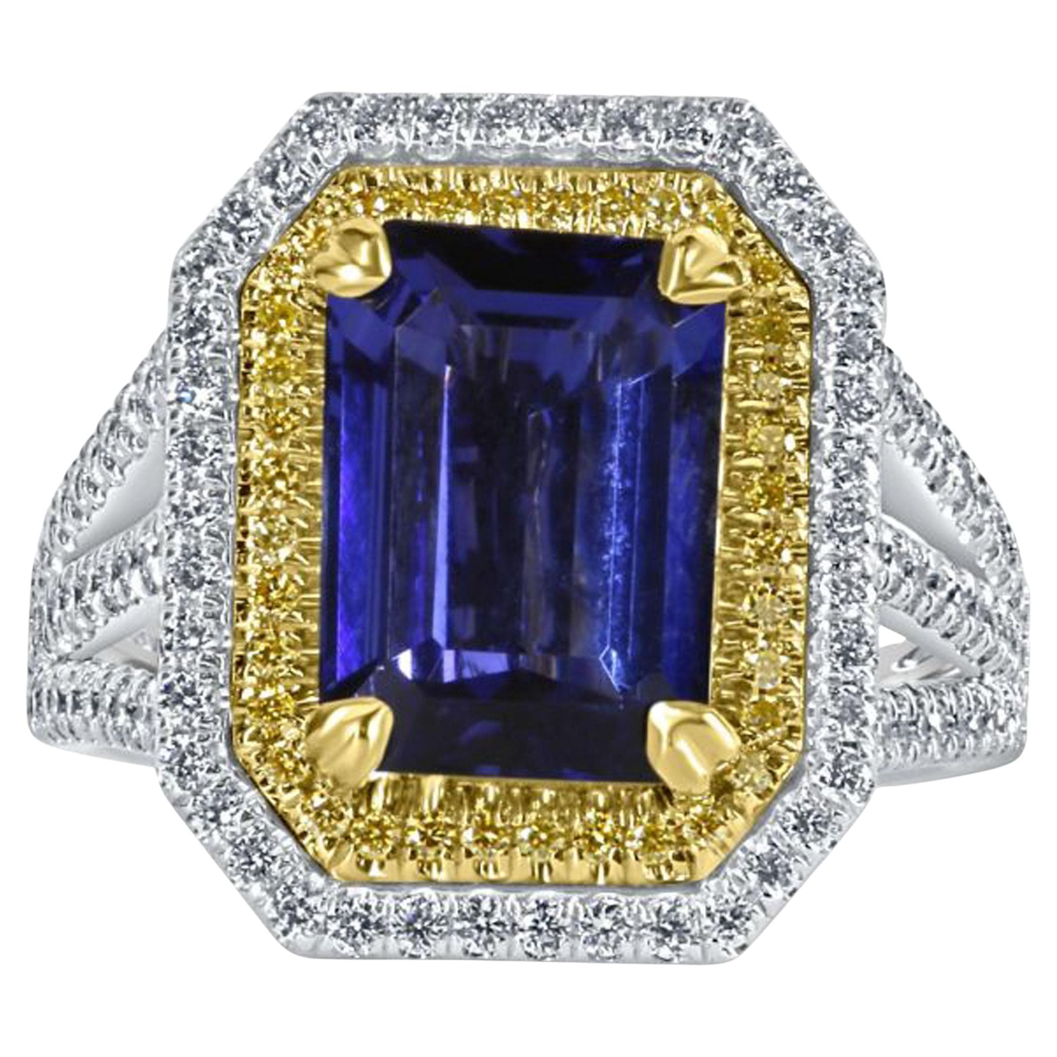 GIA Certified 5.10 Ctw Emerald Cut Tanzanite Diamond Halo Ring 14K White Gold