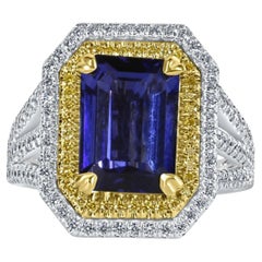 GIA Certified 5.10 Ctw Emerald Cut Tanzanite Diamond Halo Ring 14K White Gold