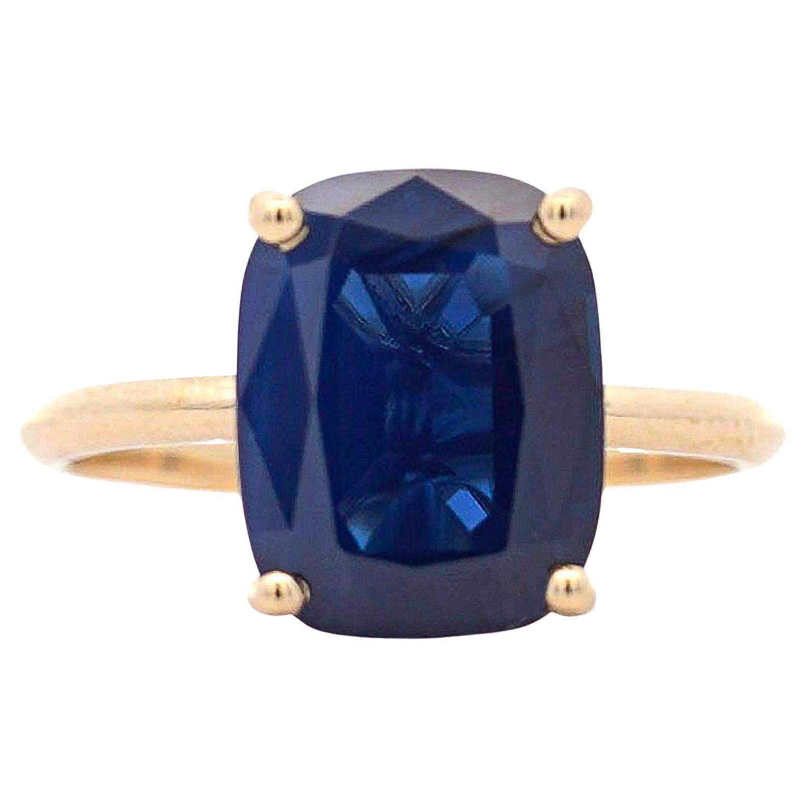 GIA Certified 5.11 Carat Cushion Blue Sapphire 14K Yellow Gold Solitaire Ring